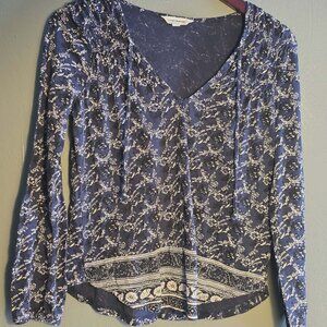 Lucky Brand Blouse Womens S Navy Floral Boho Peasant Tie Sleeve Balloon Bohemian